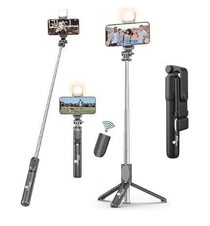 Selfie Stick Tripod with Wireless Remote & LED Fill Light, Extendable Phone Holder for Photography & Vlogging