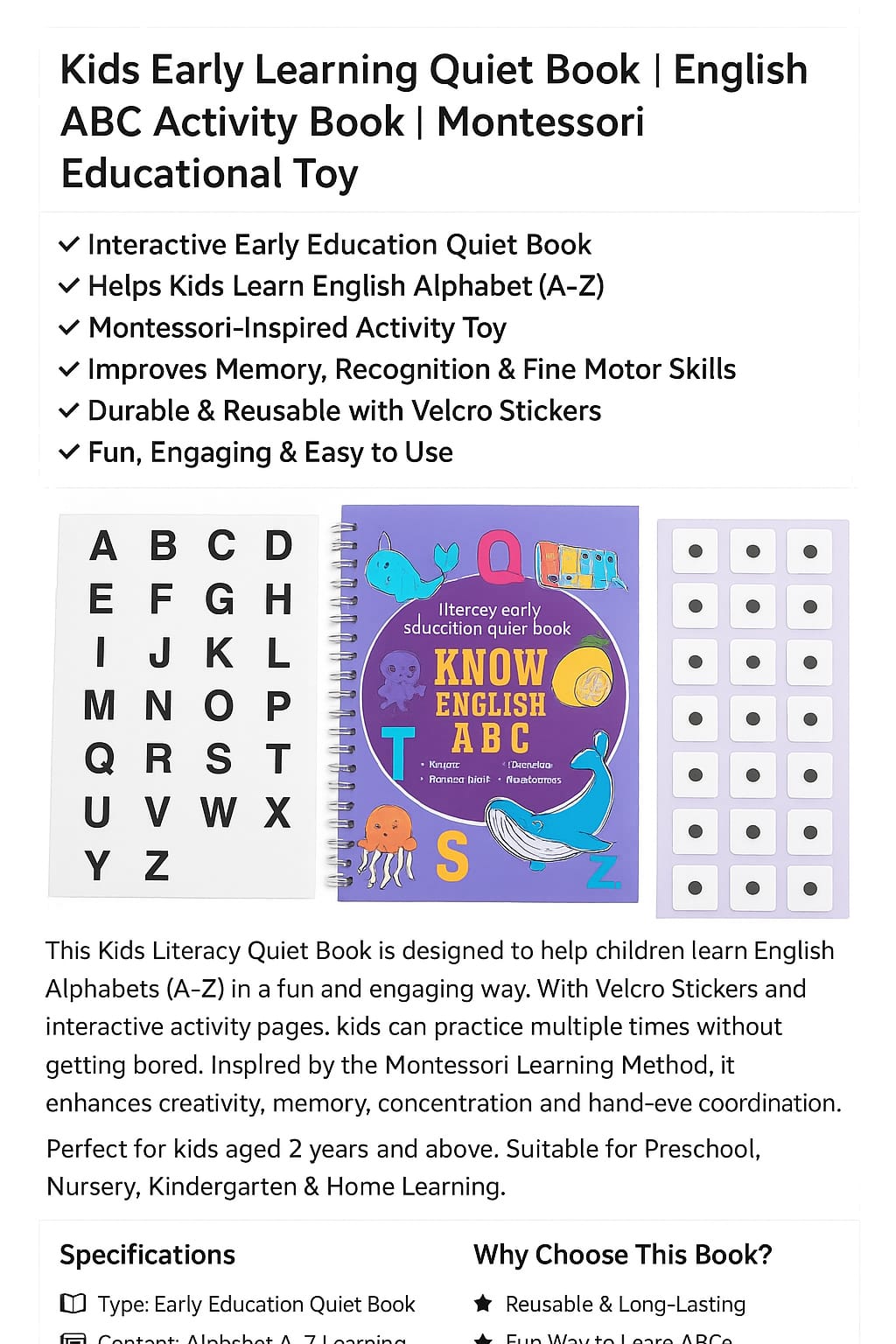 Kids Early Learning Quiet Book | English ABC Activity Book | Montessori Educational Toy