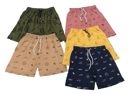 Kid’s Cotton Printed Shorts with Drawstring | Pack of 5 Casual & Night Wear Shorts | Regular Fit